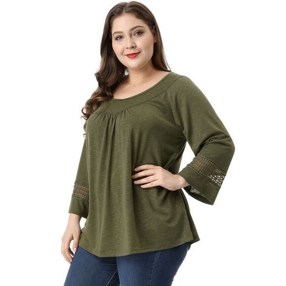 Women's Plus Size Crochet Panel Kimono Raglan Sleeves Tops Green - Picture 4 of 6